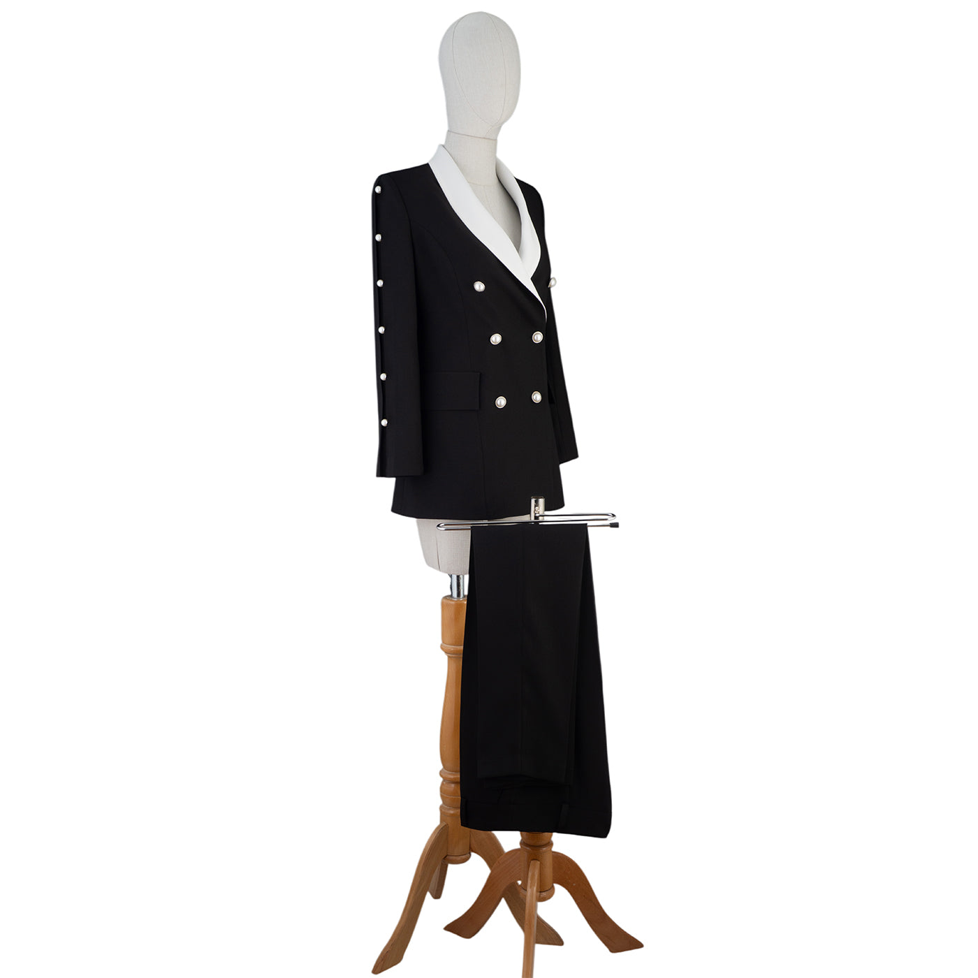 Black Suit with White Collar and Pearl Buttons – Power Meets Elegance