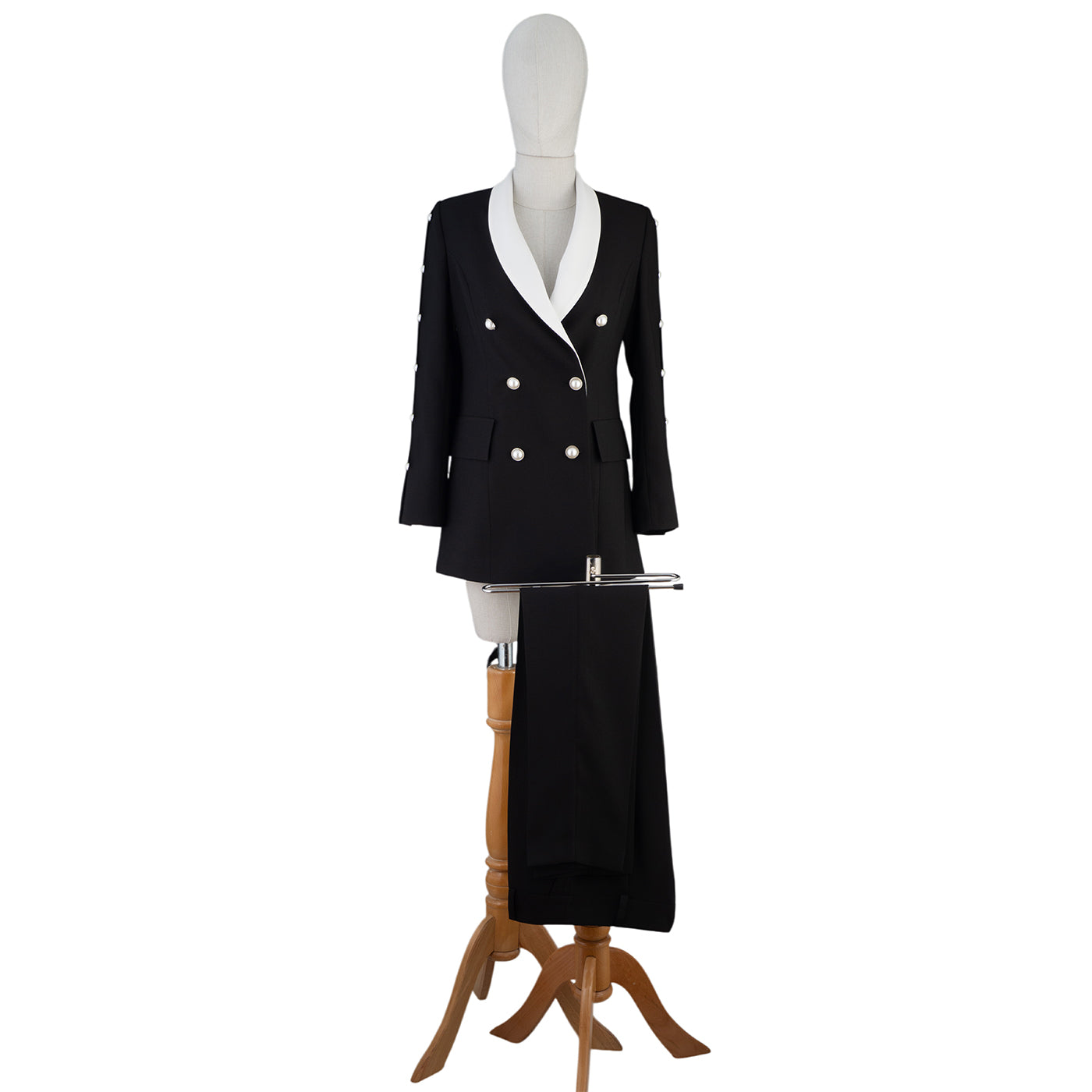 Black Suit with White Collar and Pearl Buttons – Power Meets Elegance