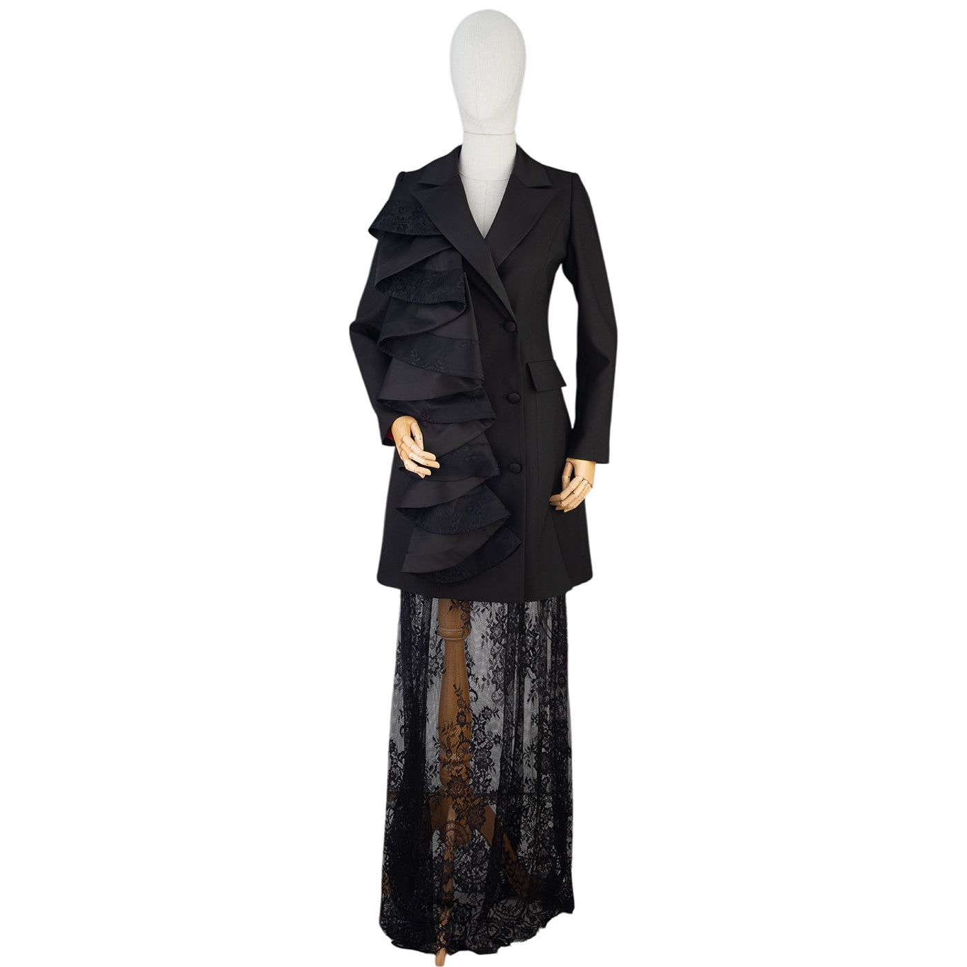 Black Ruffle &amp; Lace Statement Dress Suit — Dramatic Elegance