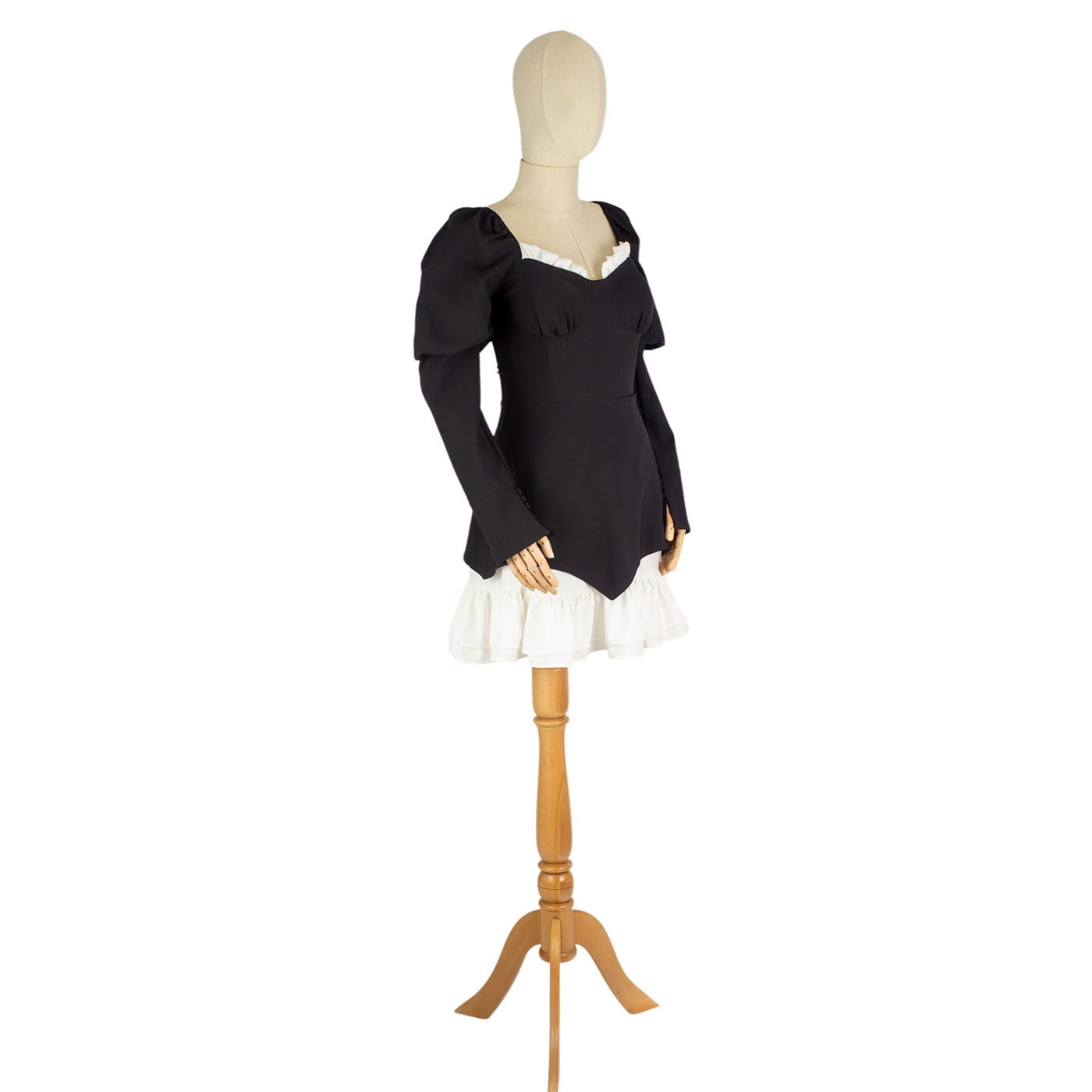 Black Mini Dress with White Ruffles and Statement Sleeves