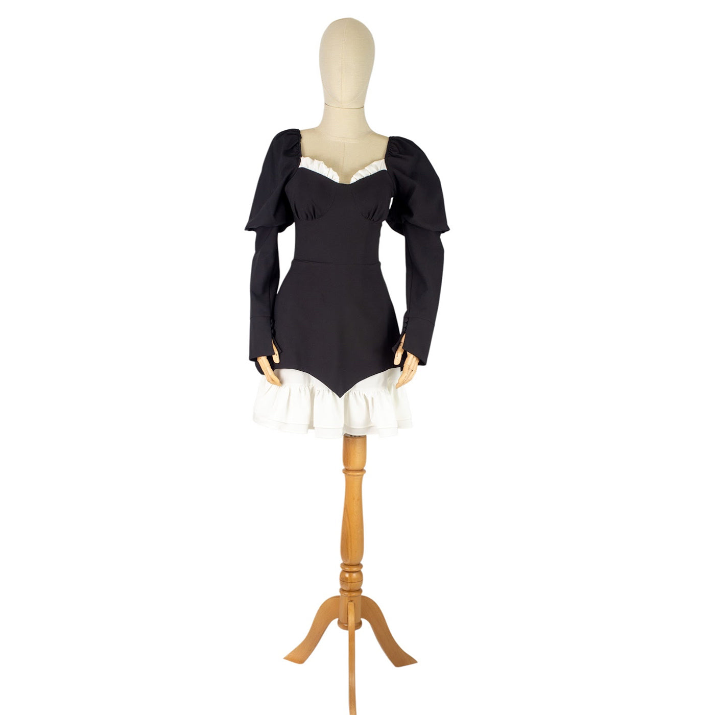 Black Mini Dress with White Ruffles and Statement Sleeves