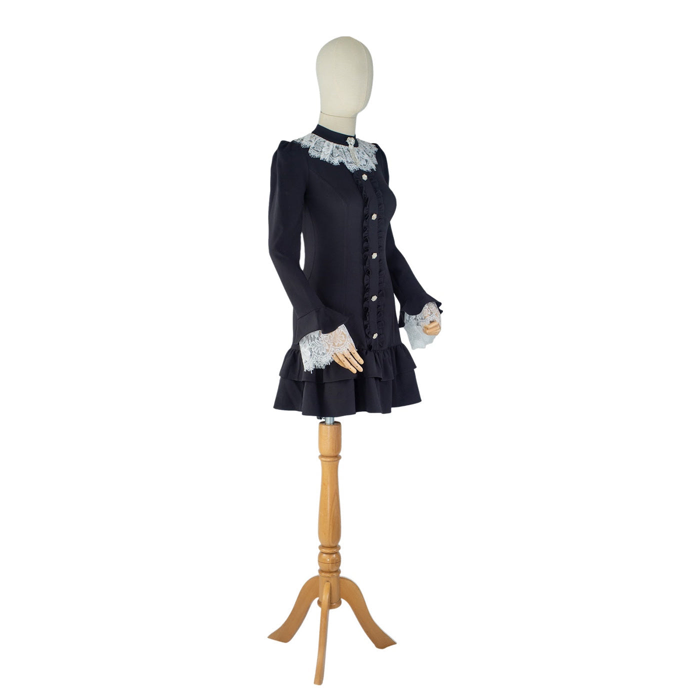 Vintage Black Dress with Lace Collar and Ruffle Hem