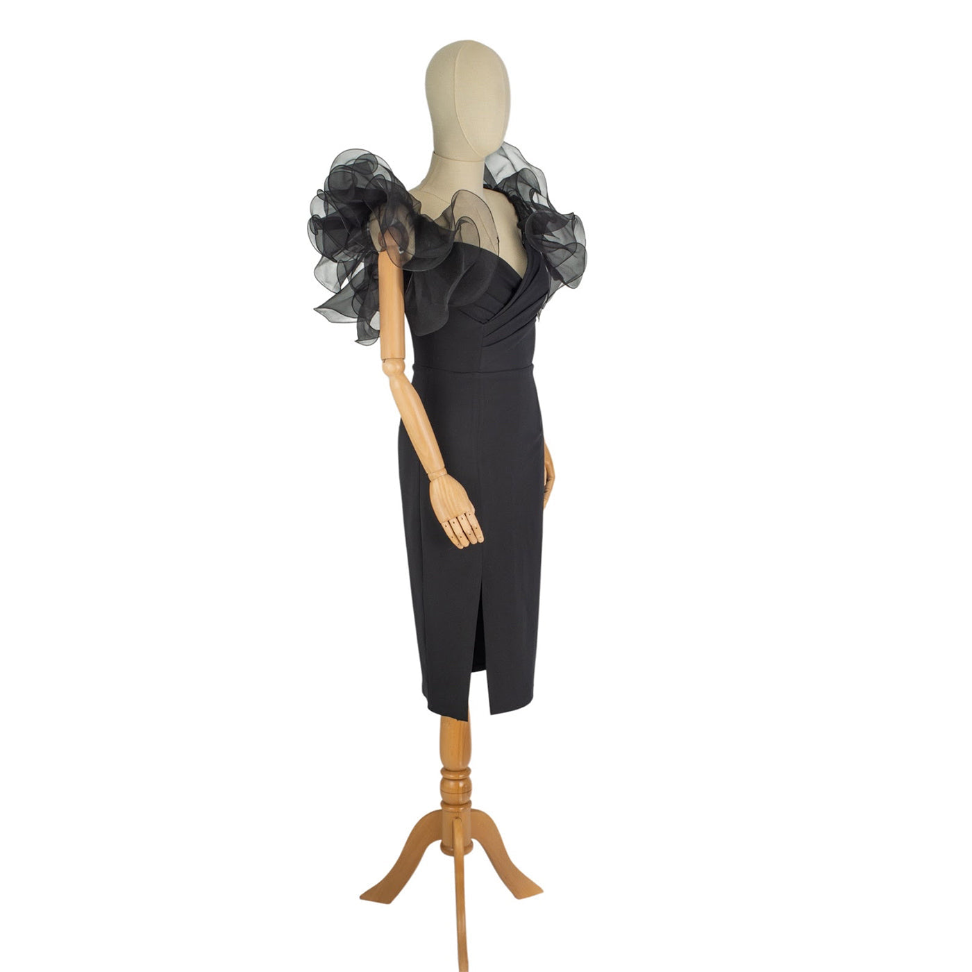 Black Midi Dress with Dramatic Ruffle Shoulders