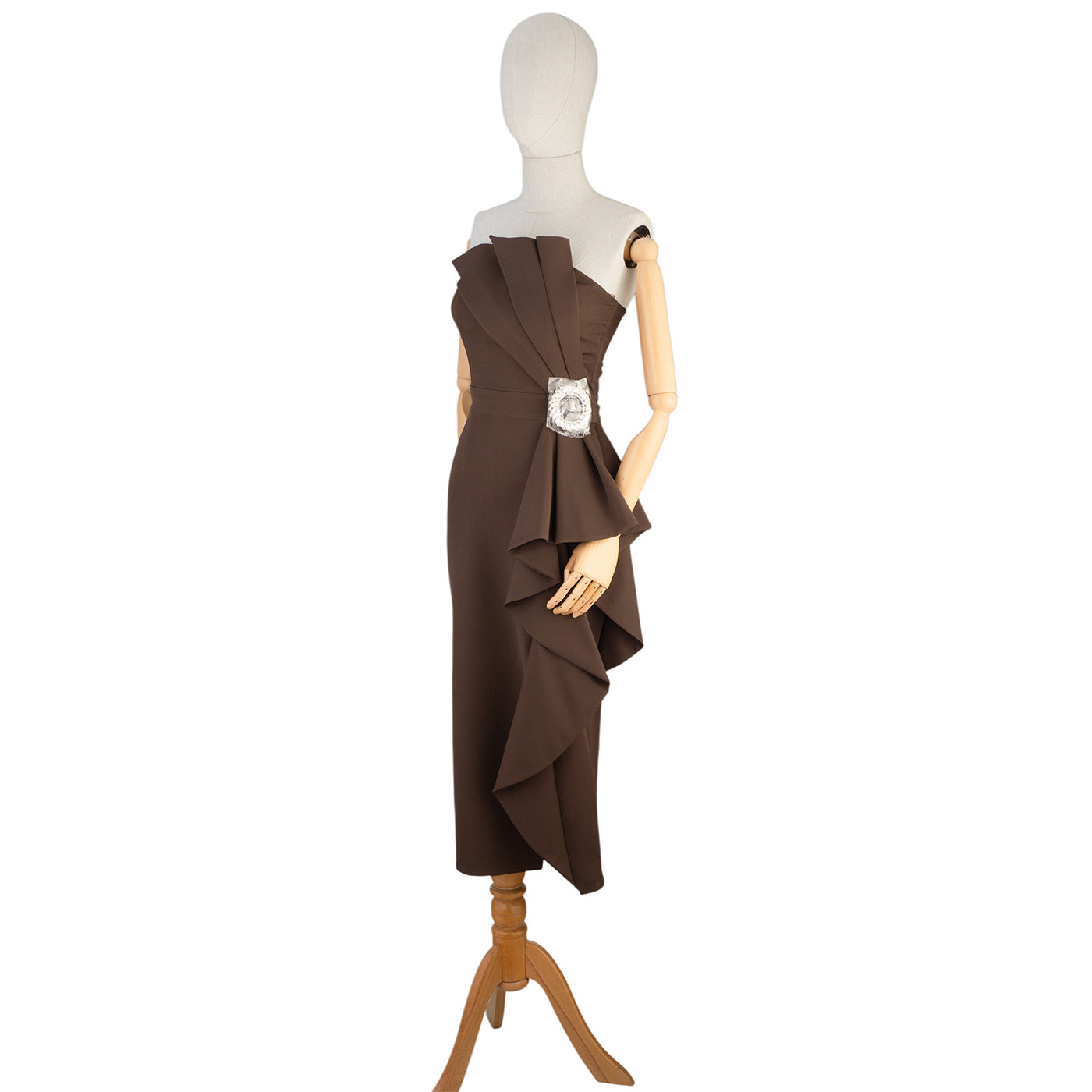 Elegant Chocolate Off-Shoulder Ruffle Midi Dress