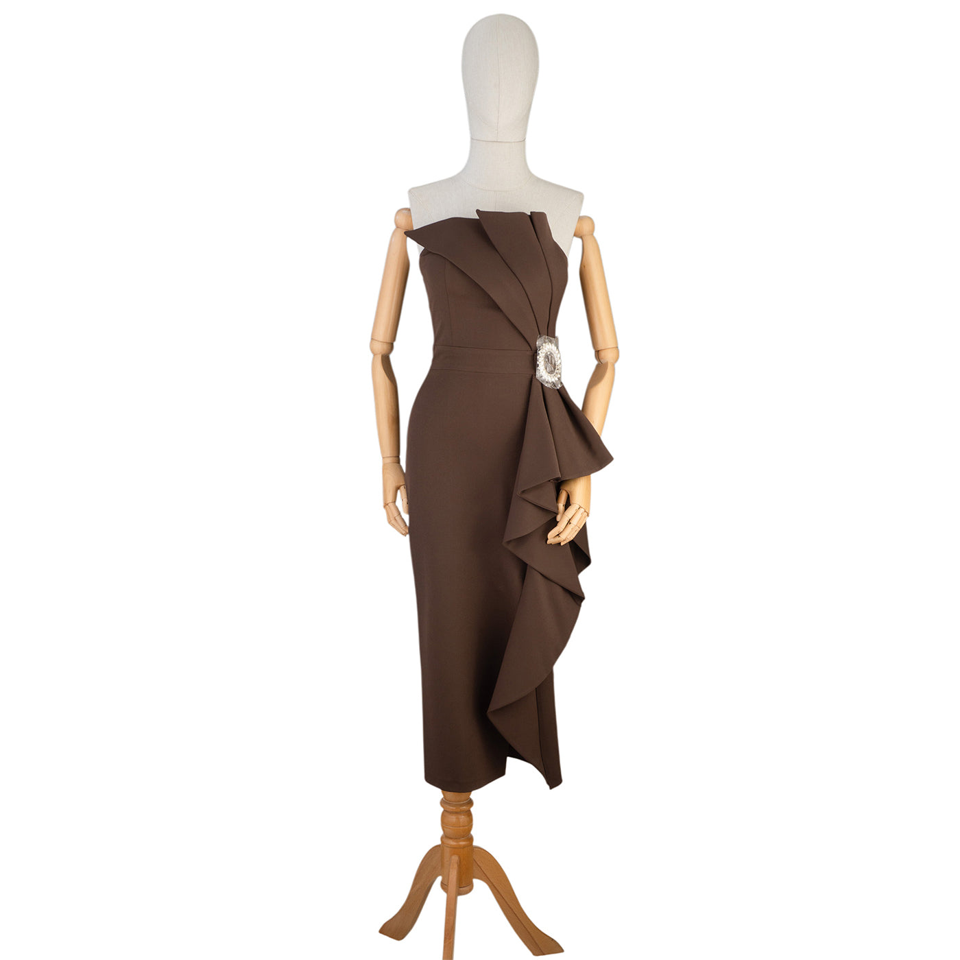 Elegant Chocolate Off-Shoulder Ruffle Midi Dress