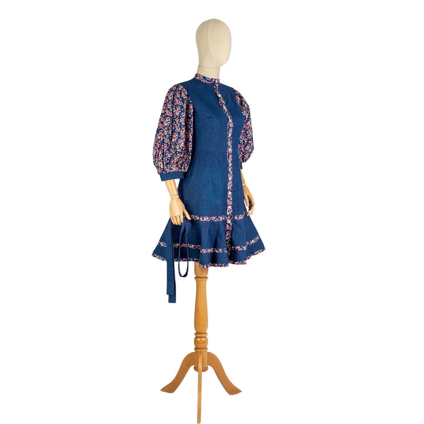 Denim Dress with Floral Inserts and Puff Sleeves