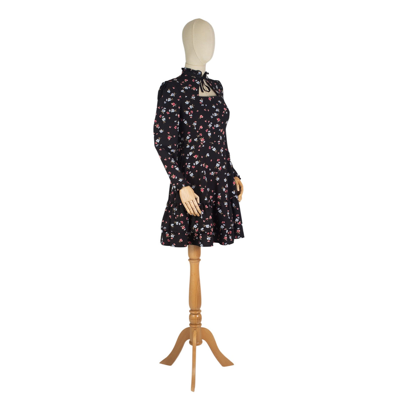 Black Floral Dress with Neck Keyhole and Bow Detail