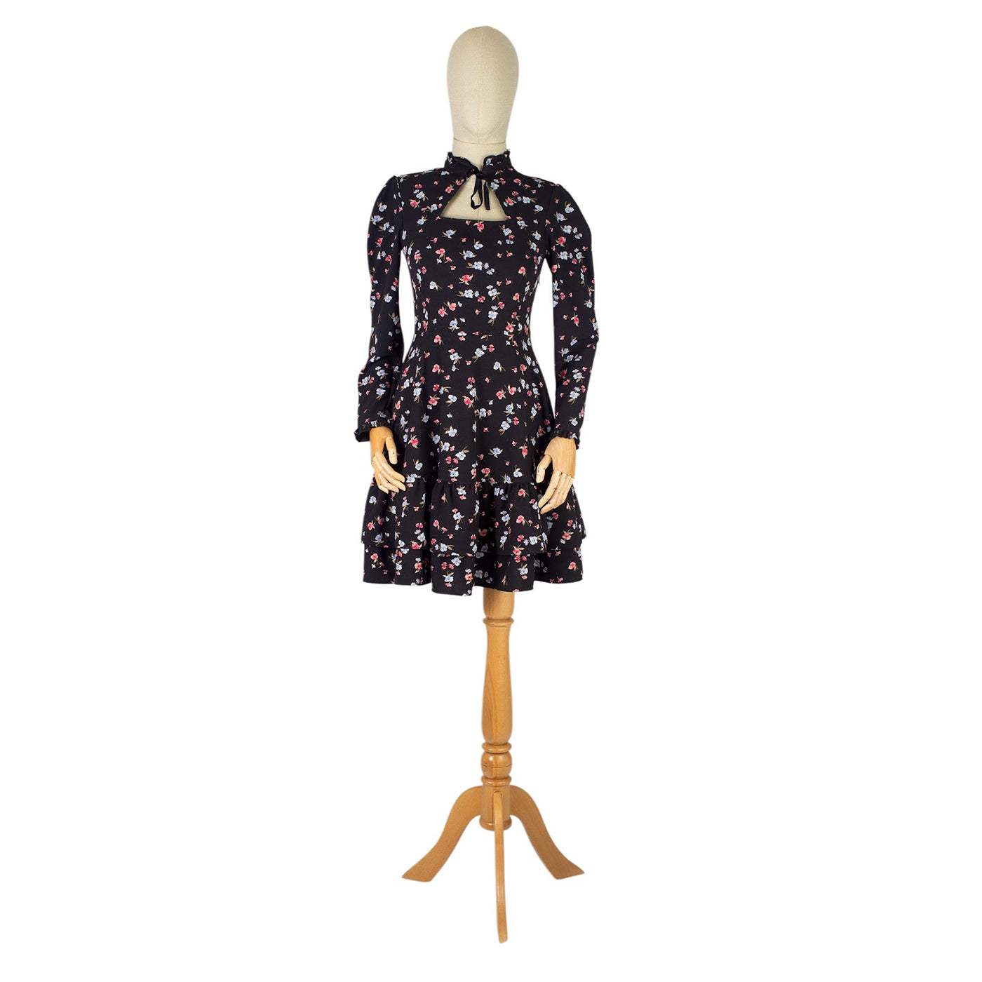 Black Floral Dress with Neck Keyhole and Bow Detail