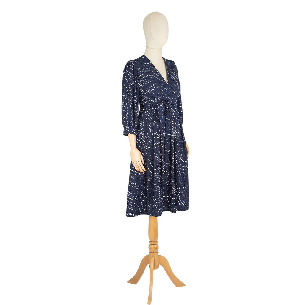 Navy Blue Wrap Dress with Belt and Dot Print